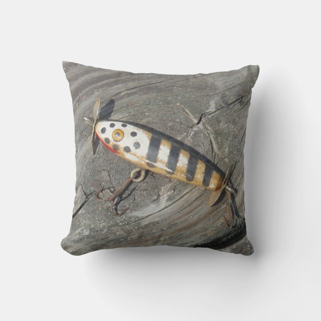 Old fishing lure at Lake Arrowhead Throw Pillow (Front)