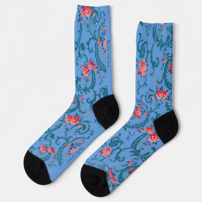 Old Floral Wallpaper in Blue and Red Socks (Left)