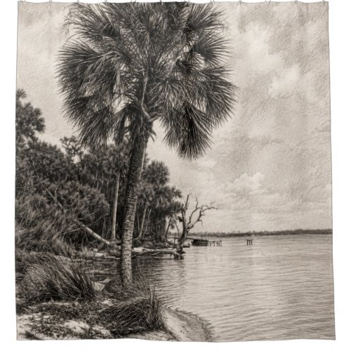 Old Florida Shoreline Graphite Sketch | Rockledge Shower Curtain