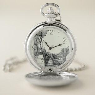 Old fountain in the park with sculpture boy pocket watch