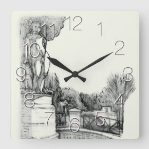 Old fountain in the park with sculpture boy  square wall clock