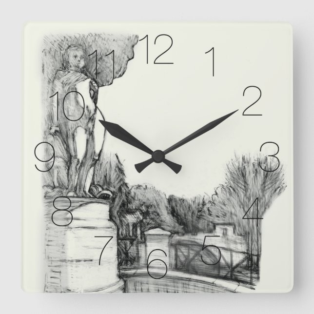 Old fountain in the park with sculpture boy square wall clock (Front)