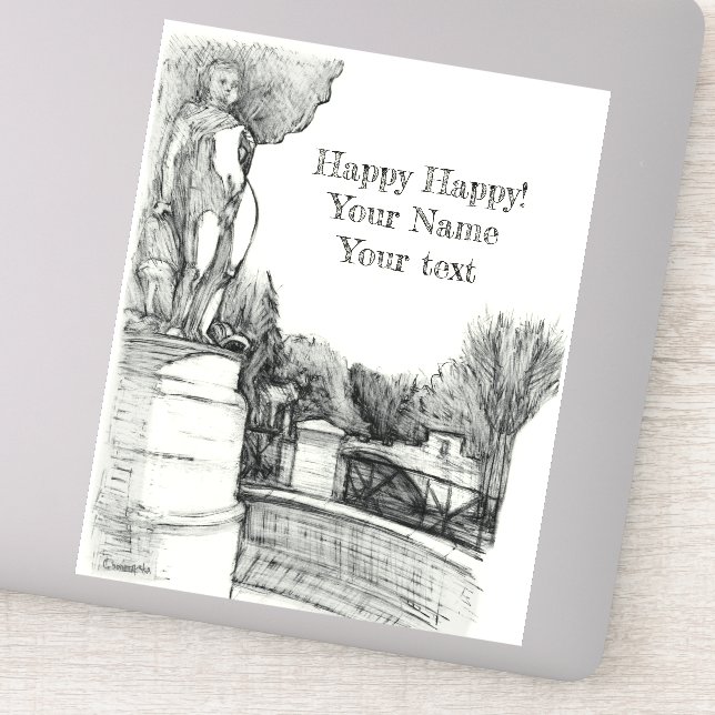 Old fountain in the park with sculpture boy sticker (Detail)