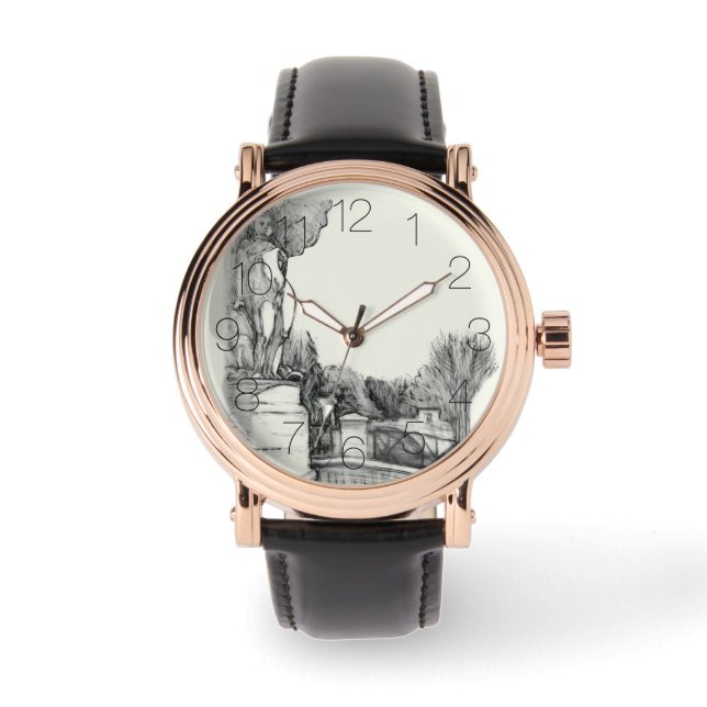 Old fountain in the park with sculpture boy watch (Front)