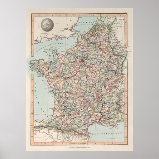 Old France Map (1850) Vintage French Country Atlas Poster | Zazzle