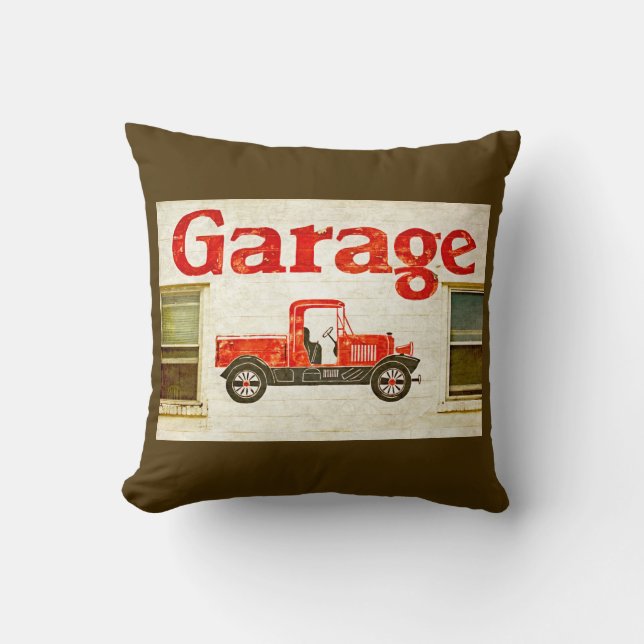 Old Garage on Brown Throw Pillow (Front)