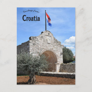 Old Gate and Flag in Nin Croatia Postcard
