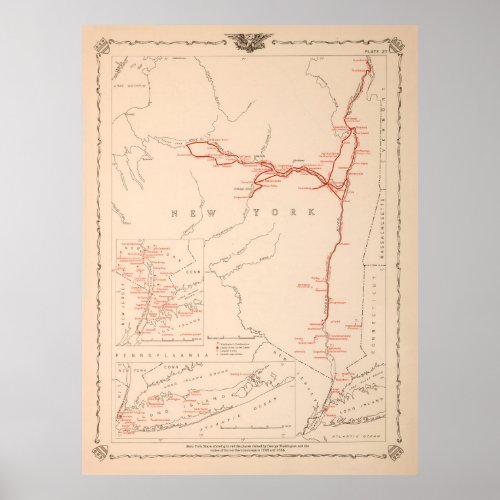Old George Washington New York Campaign Routes Map Poster