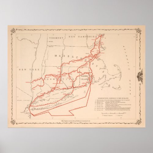 Old George Washington Travel Routes New England  Poster