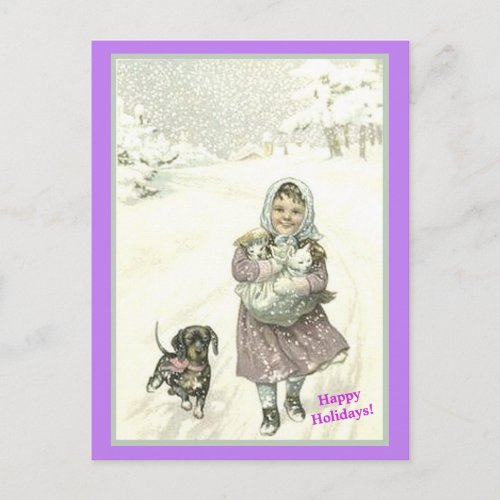 Old German Cute Little Girl Dachshund Cats Snow Postcard