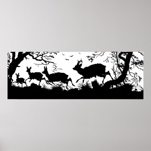 Old German Engraving of Fleeing Deer in Forest Poster