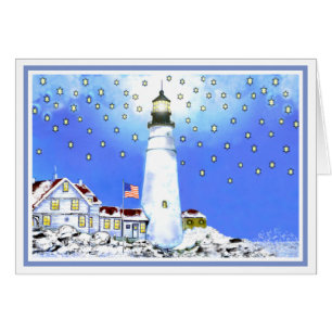 Old Glory Flying Bright at Portland Head Light Cards