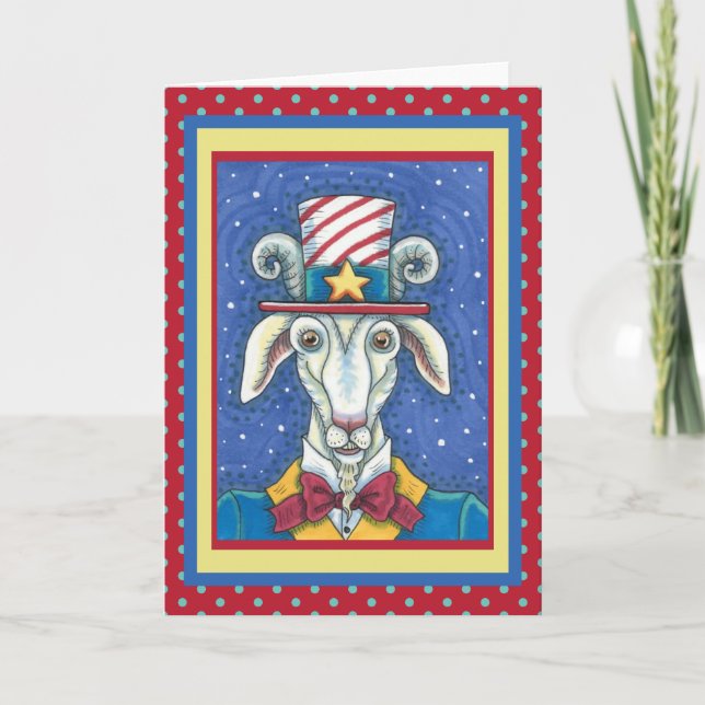 OLD GOAT UNCLE SAM, FUNNY FARM PATRIOTIC BILLYGOAT HOLIDAY CARD (Front)