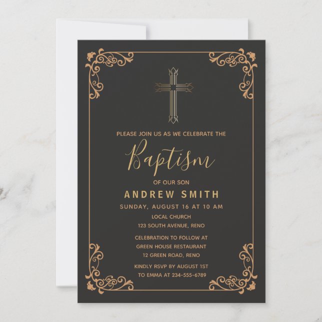 Old Gold And Black Vintage Calligraphy Baptism Invitation (Front)