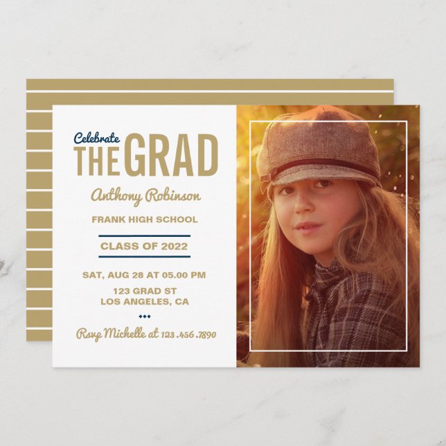 Old Gold and White Graduation Party Invitation (Front/Back)