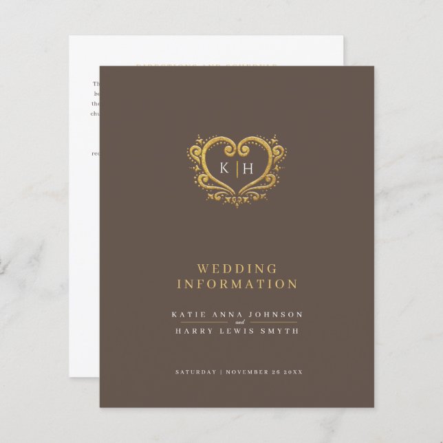 Old gold heart monogram wedding guest information (Front/Back)
