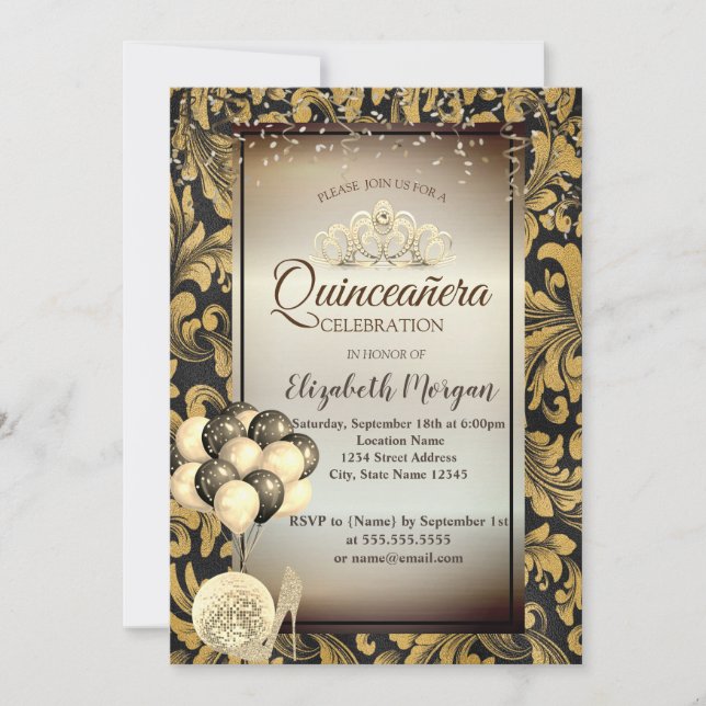 Old Gold Swirls,Balloons,Heels,Tiara Quinceañera Invitation (Front)