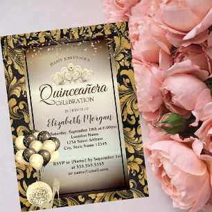 Old Gold Swirls,Balloons,Heels,Tiara Quinceañera Invitation