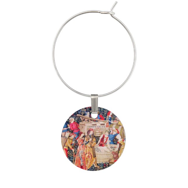 OLD GRAPE VINEYARD HARVEST AND RED WINE BARRELS WINE GLASS CHARM (Front)