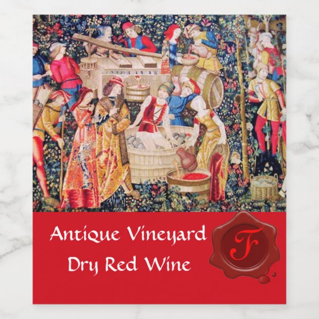 OLD GRAPE VINEYARD HARVEST RED WAX SEAL MONOGRAM WINE LABEL (Single Label)