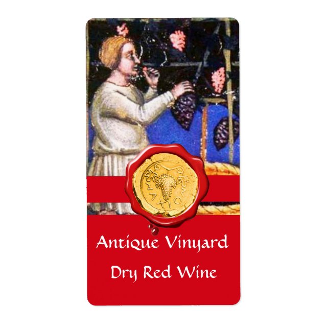 OLD GRAPE VINEYARD HARVEST RED WAX SEAL RIBBON LABEL (Front)