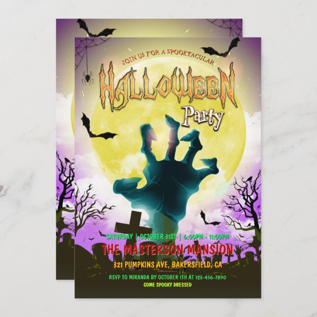 Old Graveyard, Zombie Hand & Bats Halloween Party Invitation (Front/Back)