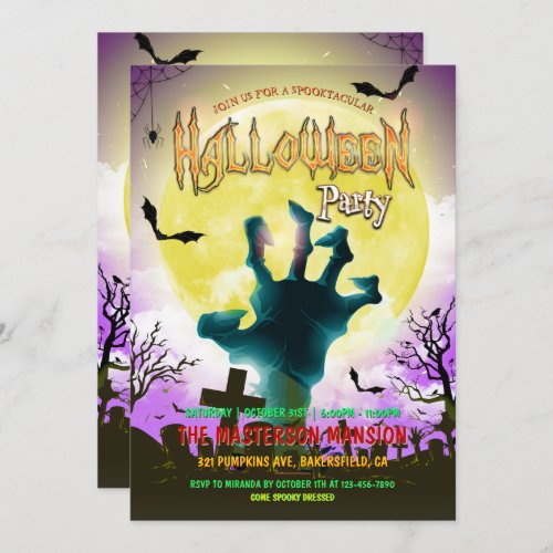 Old Graveyard Zombie Hand  Bats Halloween Party Invitation