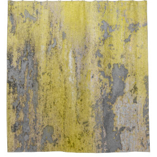 Old gray concrete wall with peeling yellow paint.  shower curtain