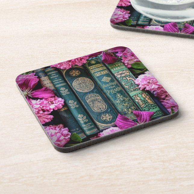 Old green books & pink roses beverage coaster (Left Side)