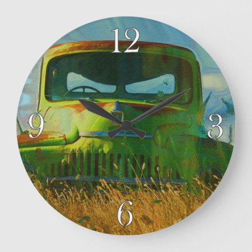 Old Green Farm Truck and Field Large Clock