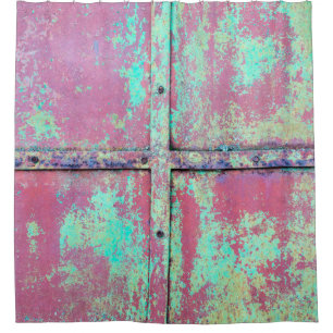 Old green painted wall with rust texture. Grunge r Shower Curtain