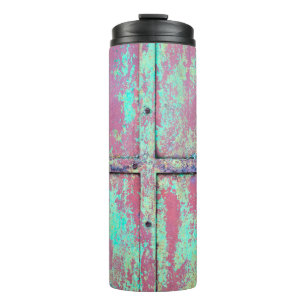 Old green painted wall with rust texture. Grunge r Thermal Tumbler