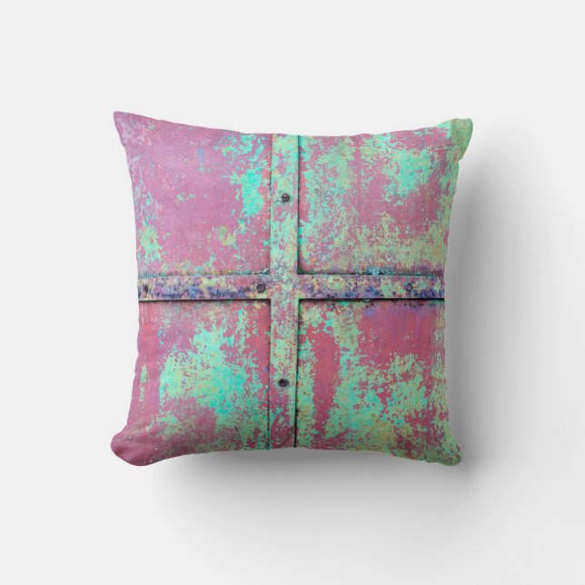 Old green painted wall with rust texture. Grunge r Throw Pillow (Front)