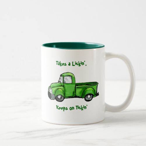 Old Green Pickup Truck Two_Tone Coffee Mug