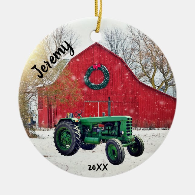 Old Green Tractor Christmas   Ceramic Ornament (Front)