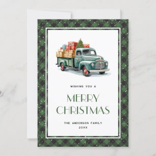 Old Green Truck Plaid Merry Christmas Card