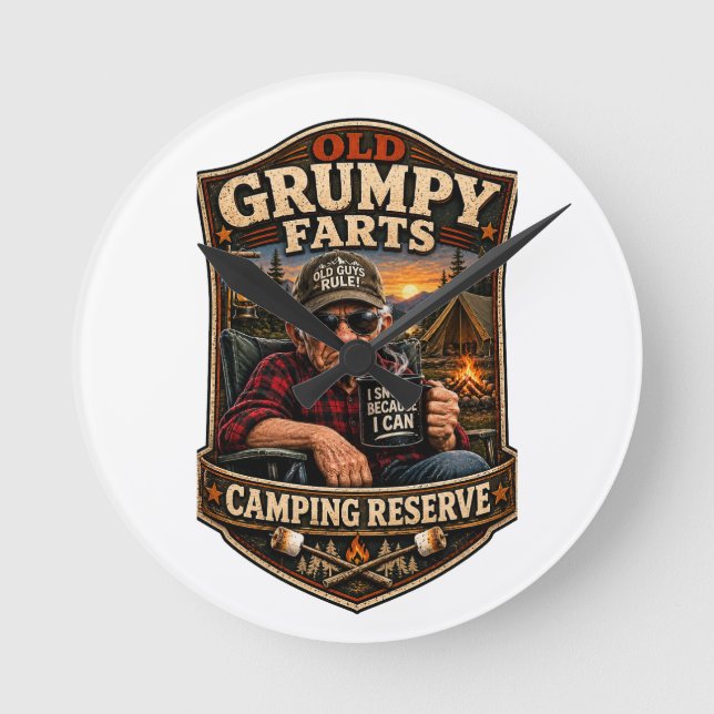 Old Grumpy Farts Camping Reserve Round Clock (Front)