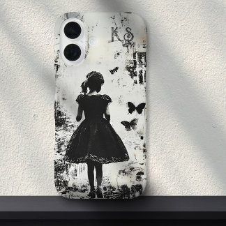 Old Grunge Girl Silhouette Butterfly Monogram  iPhone 16 Case
