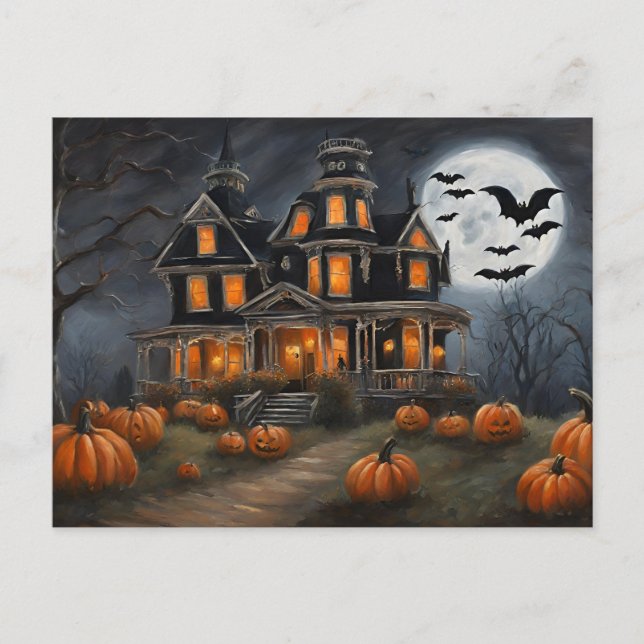 Old Halloween House and Pumpkins  Holiday Postcard (Front)