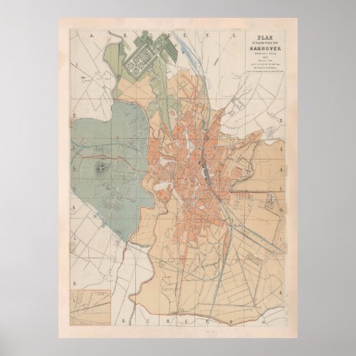 Old Hanover Germany Map 1887 Vintage Hannover  Poster