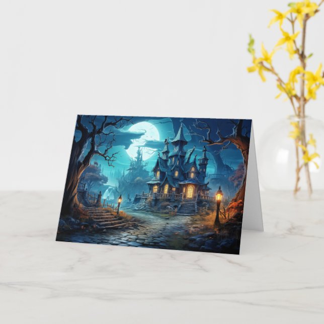 Old Haunted House | Happy Halloween Card (Yellow Flower)