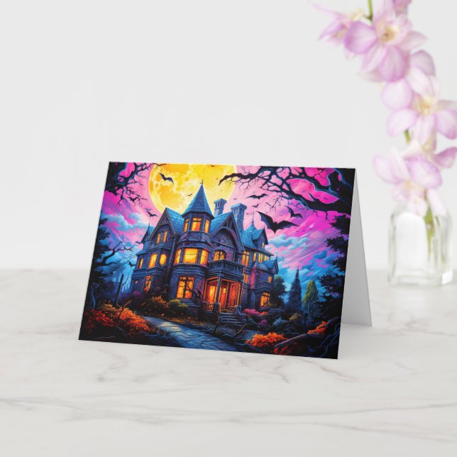 Old Haunted House | Happy Halloween Card (Orchid)