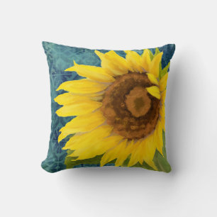 Old Havana Sunflower Floral Blue Tile Pattern Art Throw Pillow