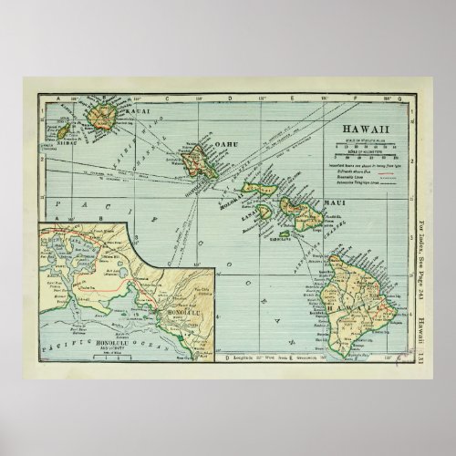 Old Hawaii Islands Map 1921 Vintage Hawaiian  Poster