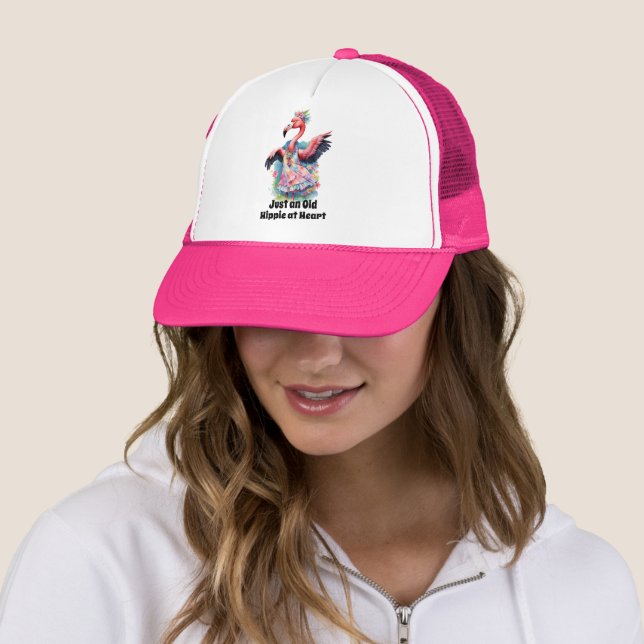 Old Hippie Flamingo Flower Power Vibes Trucker Hat (In Situ)