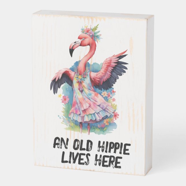 Old Hippie Funny Retro Flamingo Humor Wooden Box Sign (Angled Vertical)