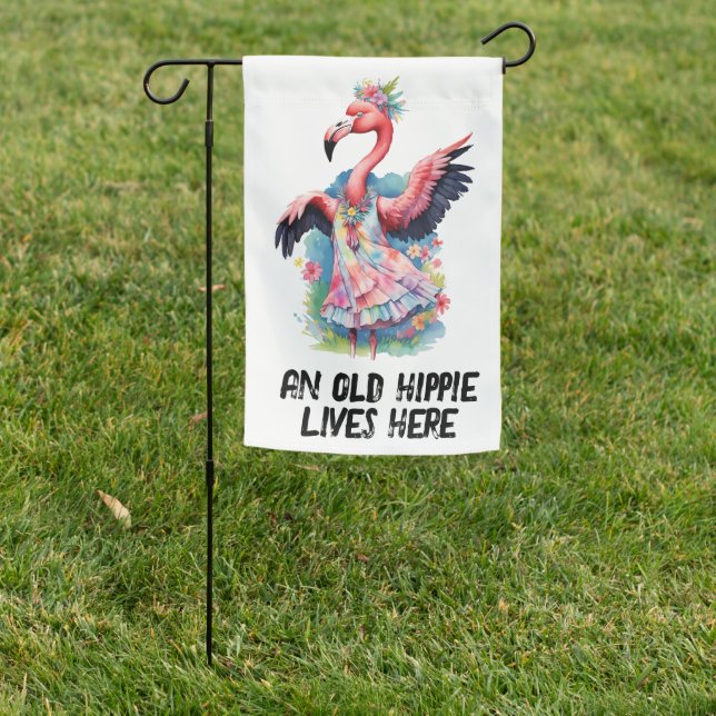 Old Hippie Funny Retro Seventies Flamingo Garden Flag (In SItu)