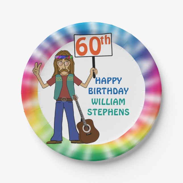 Old Hippie Hippy Tie Dye 60th Birthday Party Paper Plates (Front)