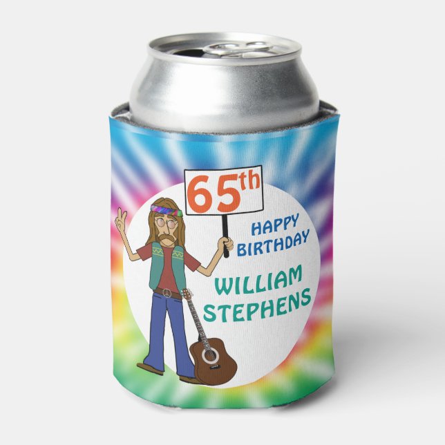 Old Hippie Hippy Tie Dye 65th Birthday Party Can Cooler (Can Front)
