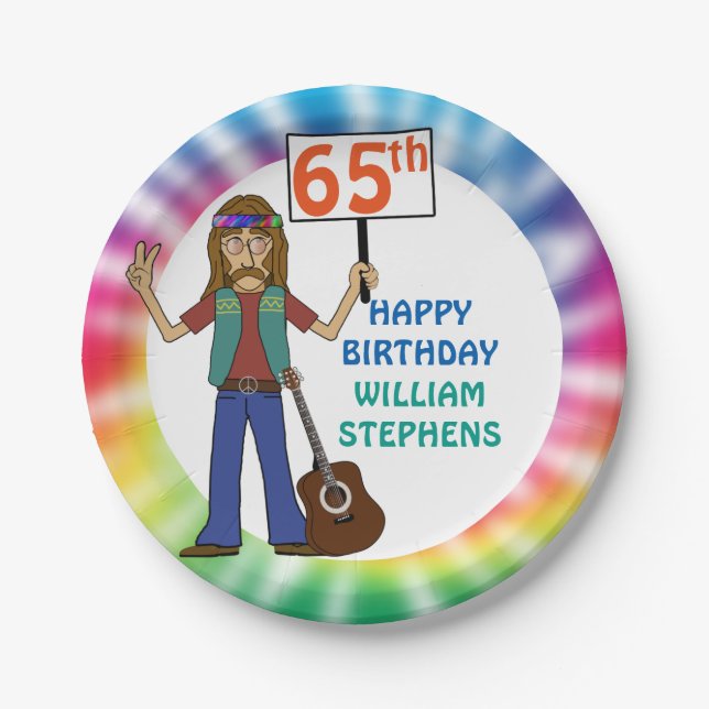 Old Hippie Hippy Tie Dye 65th Birthday Party Paper Plates (Front)